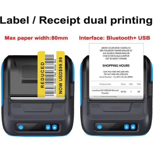 80mm width Bluetooth portable Thermal Label /Receipt printer Mobile label printer for Milk tea shop supermarket Jewelry tag