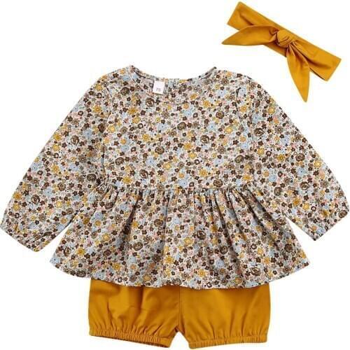 Pudcoco 0-18M Infant Kids Girls Boys Clothes Sets 3pcs Floral Print Long Sleeve T Shirts Tops+Solid Shorts Leggings Headband