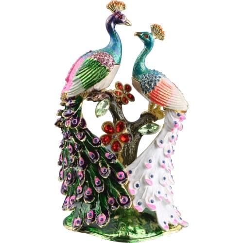 Hand Painted Pair of Peacocks on the Tree Figurine Hinged Jewelry Trinket Box Enamel Rhinestones Statue Valentines Day Gift
