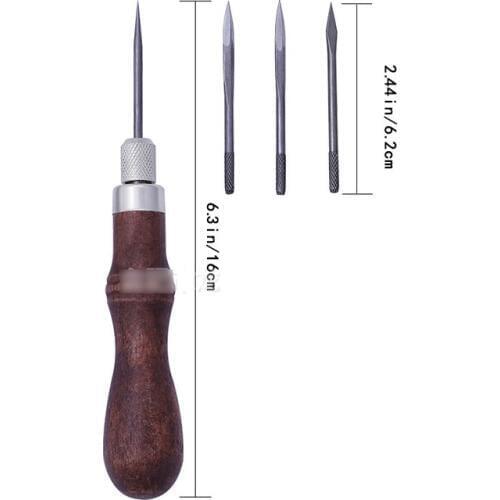 4 in 1 Leather Tools Sewing Awl Needles DIY Wood Handle Leather Stitching Awl Sewing Scratch Awl Canvas Leathercraft