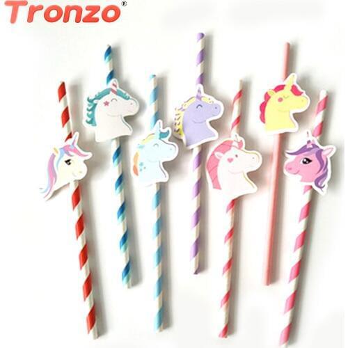 Tronzo Unicorn Party Paper Straw Wedding Decoration 10pcs Colorful Unicorn Head Stripe Straws Birthday Party Decorations Kids