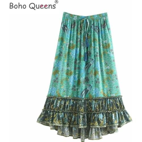 Boho Queens women Hippie birds floral print beach Bohemian pleated skirt High Elastic Waist Maxi A-Line Skirt Femme
