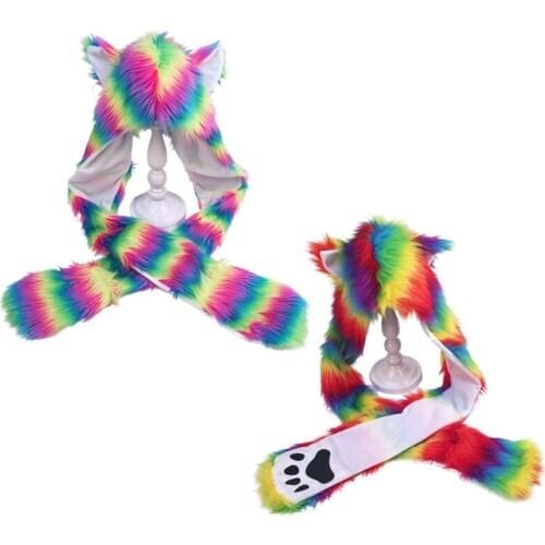 Women Rainbow Furry Animal Hoodie Hat Plush Ears Paws 3 In 1 Cap Scarf Gloves