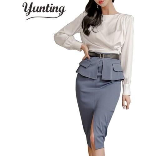 Women 2020 Autumn Work Wear 2 Pieces Set Korean Long Sleeve Crop Top & Sheath Pencil Skirt Casual Simple Suit Skirt