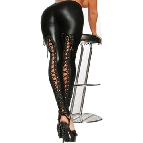 Clobee 2020 Sexy Club Lace Up Stretch Material Pencil Pants New Women Faux Leather Legging 2020 Nightclub Black Punk Leggings
