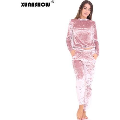 Womens Tracksuits New Spring Autumn Fashion Velvet Long Sleeve Women 2 Piece Set Slim Pants+Sweatshirt Sets Survetement