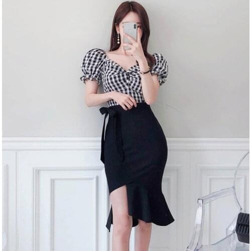 New arrival fashion sets for women summer elegant vintage square collar puff sleeve ruffle top and skirt OL slim two piece sets