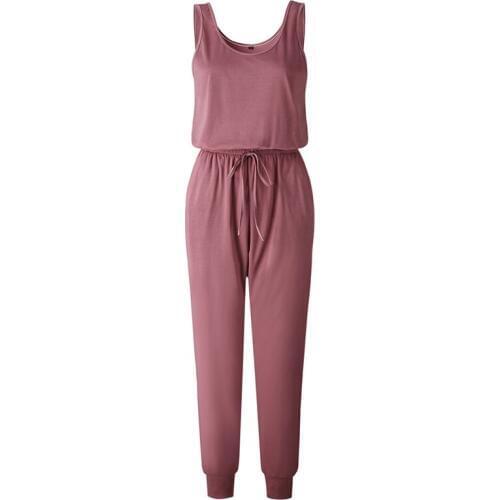 Solid O-Neck Women Casual Sleeveless Jumpsuit Ladies 4 Colors Plus Size S-XL BBYES Summer Strap Lace-Up Pocket Romper Long Pant