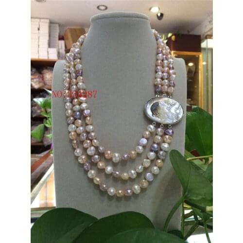 Ladys New Baroque 3row 8-9mm Pink grey white multicolor color pearls necklace seashell clasp