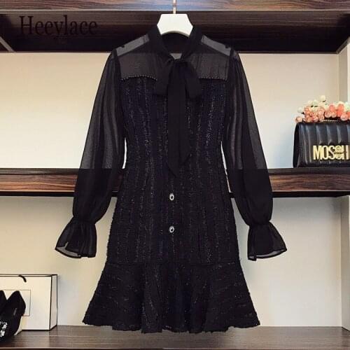 Plus Size Women french Black Party Dress Autumn 2020 Long Sleeve mesh Patchwork High Waist A-Line Vintage tweed Dresses vestidos