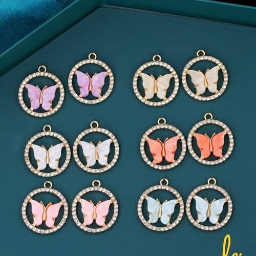 10Pcs Round Rhinestone Frame Acrylic Butterfly Charms Colorful Insect Silver Alloy Handmade Pendant For DIY Earrings Accessories