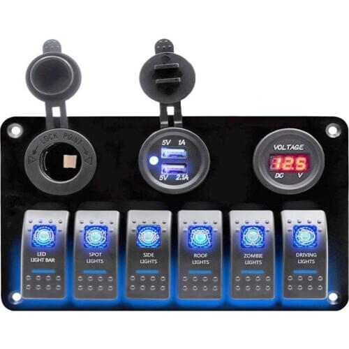 12V~24V Dual USB Charging 6 Toggle Rocker Control Switch Panel with LED Voltmeter For Car SUV Marine RV Truck Camper Boat