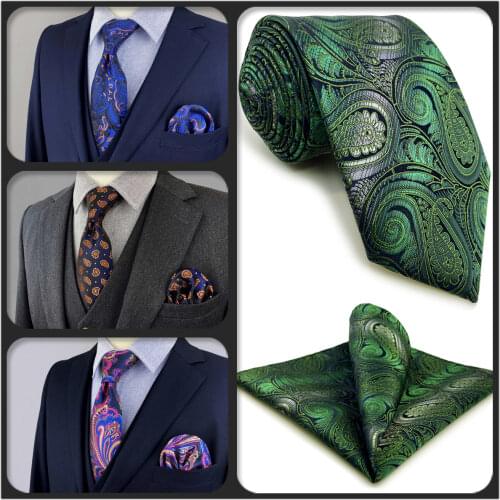 160cm 63" Extra Long Mens Tie Set Paisley Neckties and Pocket Square for Grey Red Wedding Gift Black Green Blue Christmas