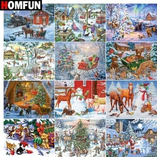 HOMFUN Diamond painting "Christmas animal house" Full Square/Round Drill Wall Decor Inlaid Resin Embroidery Craft Cross stitch