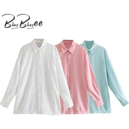 BlingBlingee Thin Style Summer Drop Shoulder Casual Loose Shirt Button Front Turn Down Collar Female Long Blouses 2021 Blue