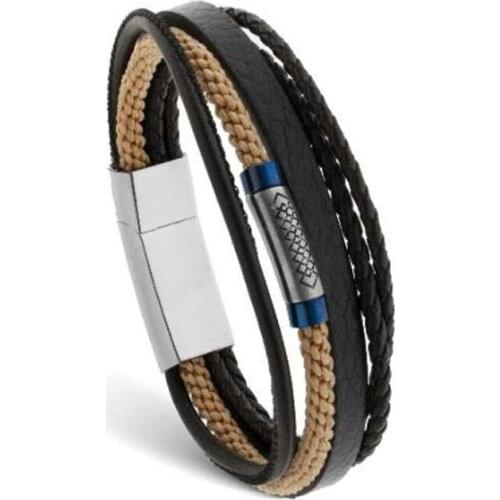Runda Fashion Braid Leather Rope Bracelet for Men Stainless Steel Blue Accessories Bracelets Jewelry