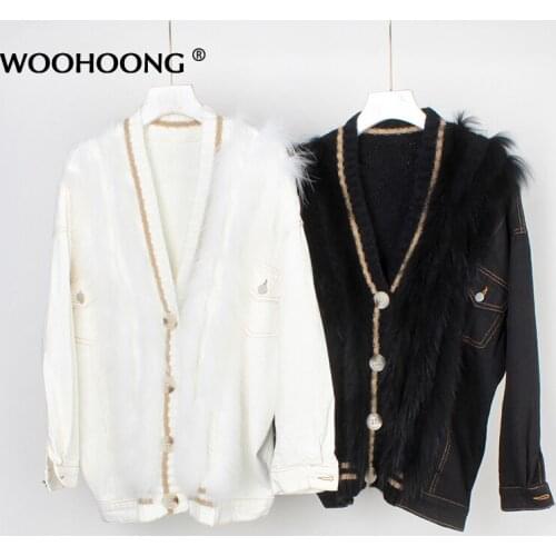 Autumn Winter New Womens Fox Fur Jacket Stitching Denim Jacket Leather Grass Coat Cardigan Loose Jacket V-neck Lady Vertical