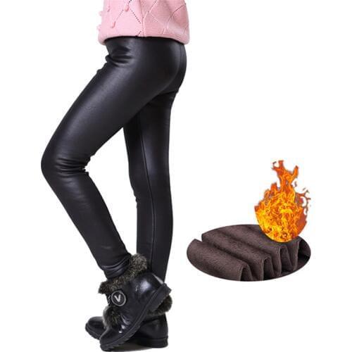 Warm Winter Girls Leggings Faux Leather PU Skinny Thick Velvet Kids Pants Trousers for Girl Leggins Bambina Getry Pantalones