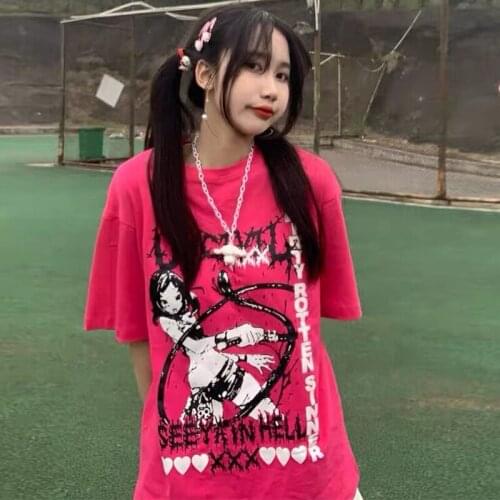 Summer Streetwear Anime Cartoon Print Dark Short Sleeve T-Shirt Women Harajuku Korean Sweet Cute Black Tops Loose Cotton Clothes