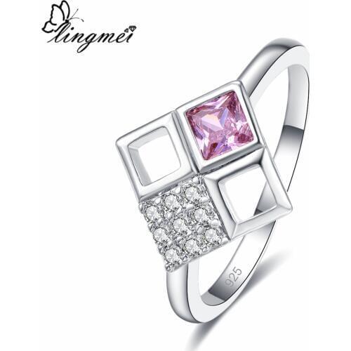 Lingmei New Princess Cut Purple Pink White Zircon Silver Color Ring Size 6 7 8 9 Unique Wedding Engagement Jewelry Christmas