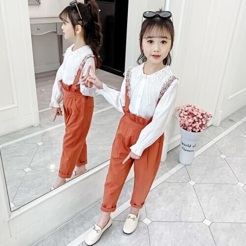 Girl spring and autumn fashion suit Girl shirt bib western style suit Girls Lace Trim Shirt Bib Set Girl hipster suit