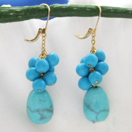 New Arrival Favorite Pearl Jewelry 16mm Blue Egg Turquoise Beads Grape 14K Gold Dangle Earrings Charming Lady Gift