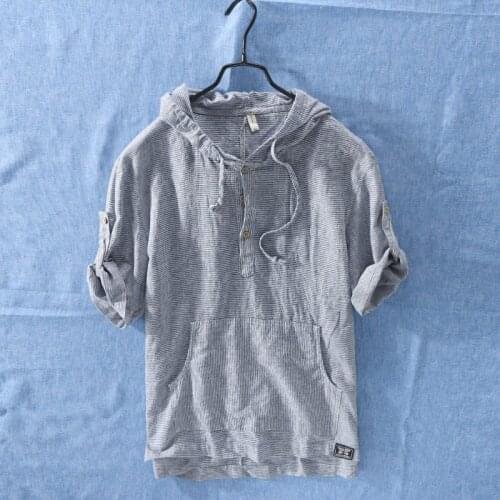 Casual Tee Shirt Summer Fashion Men Shirts Hooded Collar Half Sleeve Shirts Men Linen Cotton Fabric Japanese Style