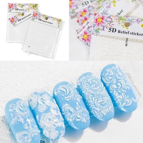 5D Relief White Nail Sticker 12 Styles Flower Series Nail Accessories Lace Watermark Sticker DIY Nail Art Decoration Accoriess