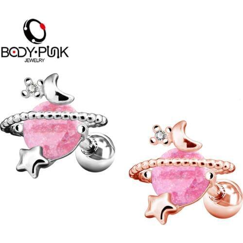 Body Punk 316L Surgical Steel Cartilage Earring Studs 16G Ball CZ Star Moon Pink Stone Tragus Helix Hoop Ear Piercing for Women
