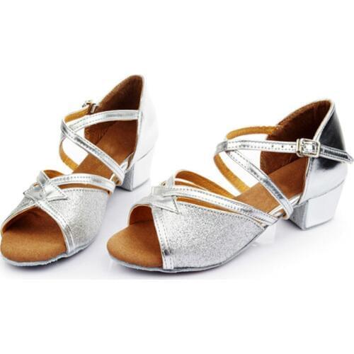 Girls Children Gold Silver Red Glitter Ballroom Salsa Tango Latin Dance Shoes Low Heel Salsa Party Square Dance Shoes Wholesale
