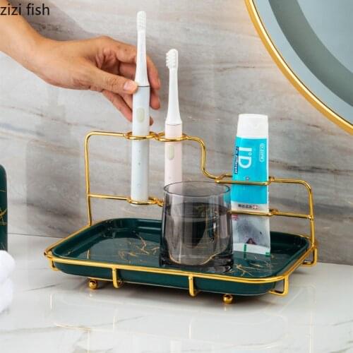 Iron Art Marbling Ceramic Storage Rack Electric Toothbrush Holder Bathroom Supplies Toiletries Storage Tray Toothpaste Holder