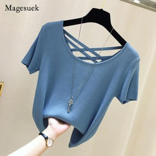 2021 Korean Summer Women T-shirt Solid Cotton O-Neck Hollow Out T-shirts for Women Sexy Slim Short Sleeve Shirt Blusa 14424