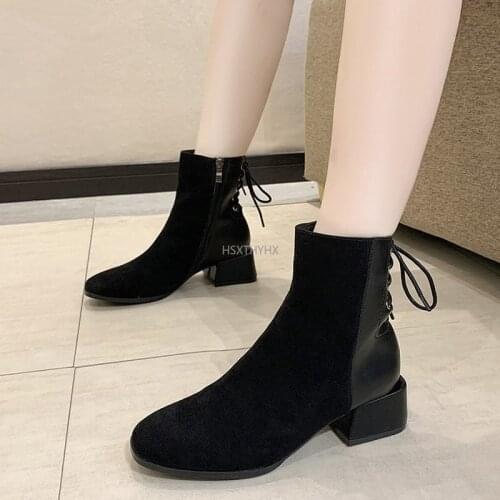 2021 Women Ankle Boots Flock Solid Black Shoes Autumn Winter Square Heels Lace Up Zipper Warm Fur Sock Boots Female Ankle Boots