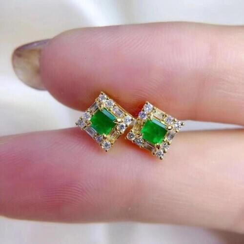 SHILOVEM 925 sterling silver real Natural Emerald stud earrings classic fine Jewelry new wedding gift 3*3mm jce0303088agml