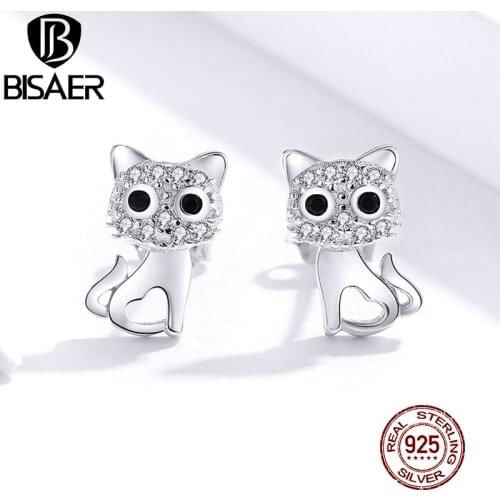 Cat Jewelry BISAER Hot Sale 925 Sterling Silver Cubic Zircon Little Cat Pussy Exquisite Stud Earrings for Women Jewelry ECE797
