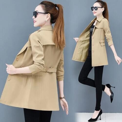 Women Trench Coat Spring Autumn Long Sleeve Windbreaker Female Single-breasted Mid-length Outerwear Womens Plus Size Tops R954