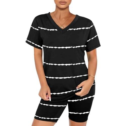 Striped Pirnted Fitness Two Piece Outfits For Women Short Sleeve V Neck Shirt Biker Shorts Set Gym Yoga Workout Sports Suit A40