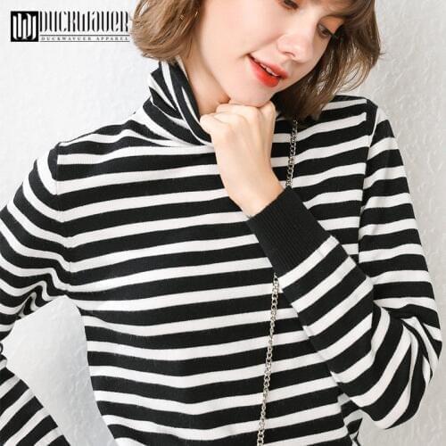 Duckwaver Striped Turtleneck Pullover Women 2020 Winter Thick Sweater Red Korean Ladies Knitted Sweater Black Top Pull Femme
