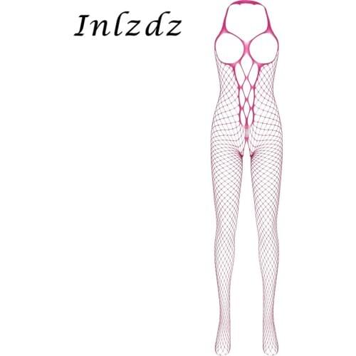 Womens Erotic Lingerie Netted Bodysuit Hollow Out Halter Neck Open Cups Crotchless Closed Toes Stretchy Sexy Full Body Stocking