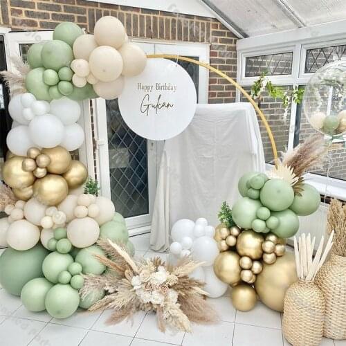 133pcs Dusty Green Matte White Chrome Gold Balloon Garland Kit Natural Sand Baby Shower Gender Reveal Birthday Party Favors