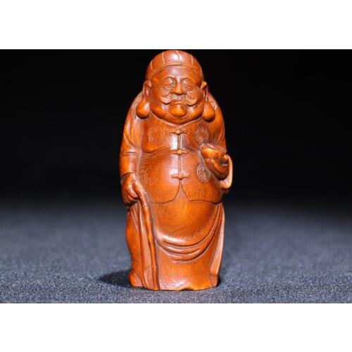 3" China Lucky Old Boxwood Hand-carved Big landlord statue Tycoon Embrace Ingot Handle Office Ornaments Lucky Town House