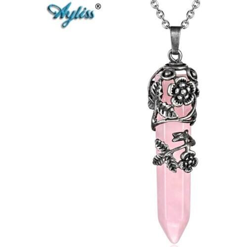 Ayliss Dropship Antique Copper Flower Wrapped Natural Pink Quartz Pendant Reiki Healing Crystal Pendant Necklace Jewelry Gift
