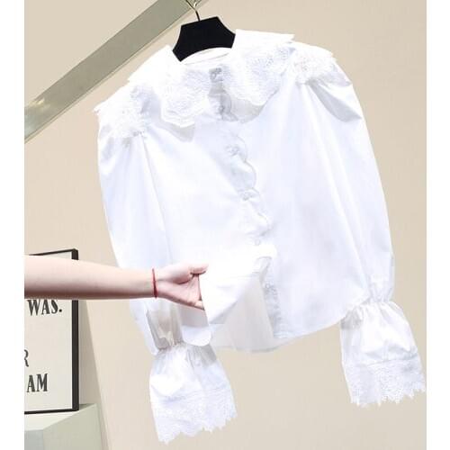 White Shirt for Women 2021 Spring New Lace Doll Collar Long Flare Sleeve Blouse Slim Fit Lady Casual Tops Blusa