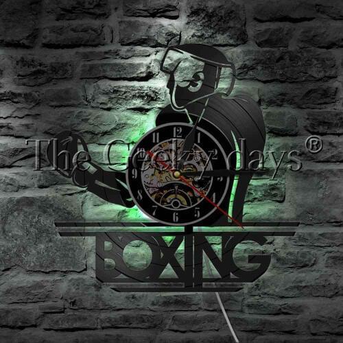 Boxing Fitness Glove Vinyl Record Wall Clock Modern Wall Lamp Boxer Fighting Sport Home Decor LED Hanging Lamp