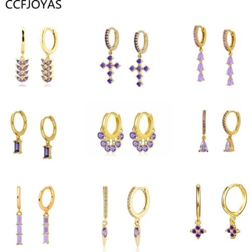 CCFJOYAS 925 Sterling Silver Hoop Earrings for Women Simple ins Purple color Water Drop/Cross/Rectangle Earrings Fashion Jewelry