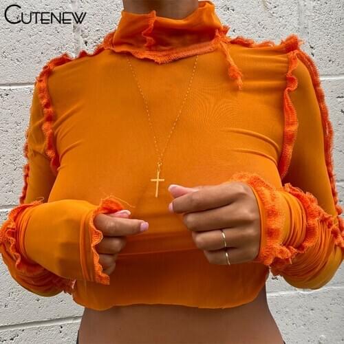 Cutenew Chic Sexy See Through Mesh Tops Womans Club Wear Fashionable Patchwork Ruffles T-Shirt Autumn Turtleneck Neon Crop Tops