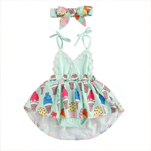 2 Pcs Baby Girls Romper Dress Casual Summer Clothes Ice Cream Printed Suspender Backless Jumpsuits and Headband