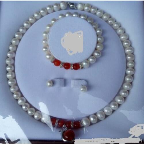 Jewellery 8-9mm freshwater pearl mother Necklace Earrings Bracelet Necklace Set