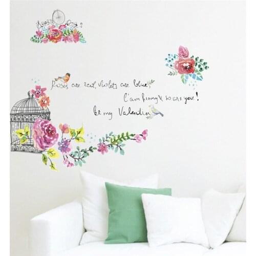 Beautiful Flowers Bird Cage Wall Sticker For Girls Room Bedroom Decoration Creative Mural Art Diy Pvc Home Decals