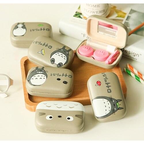 Lymouko New Design Cartoon Neighbor Totoro with Mirror PU Contact Lens Case for Women Gift Kit Holder Contact Lenses Box